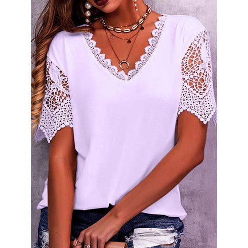 Women Summer Loose V Neck Lace tops